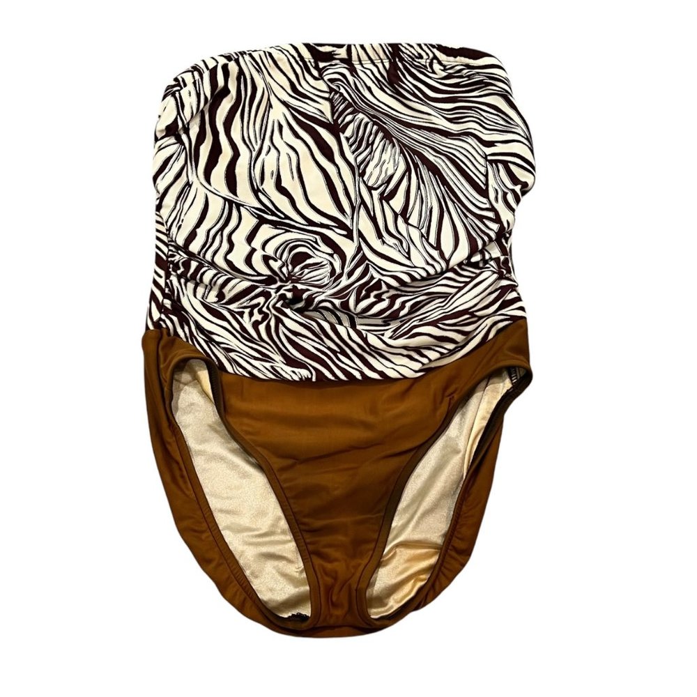Niki Wior Womens One Piece Brown/White Leaf Print Swimsuit Size 14 Nylon/Spandex